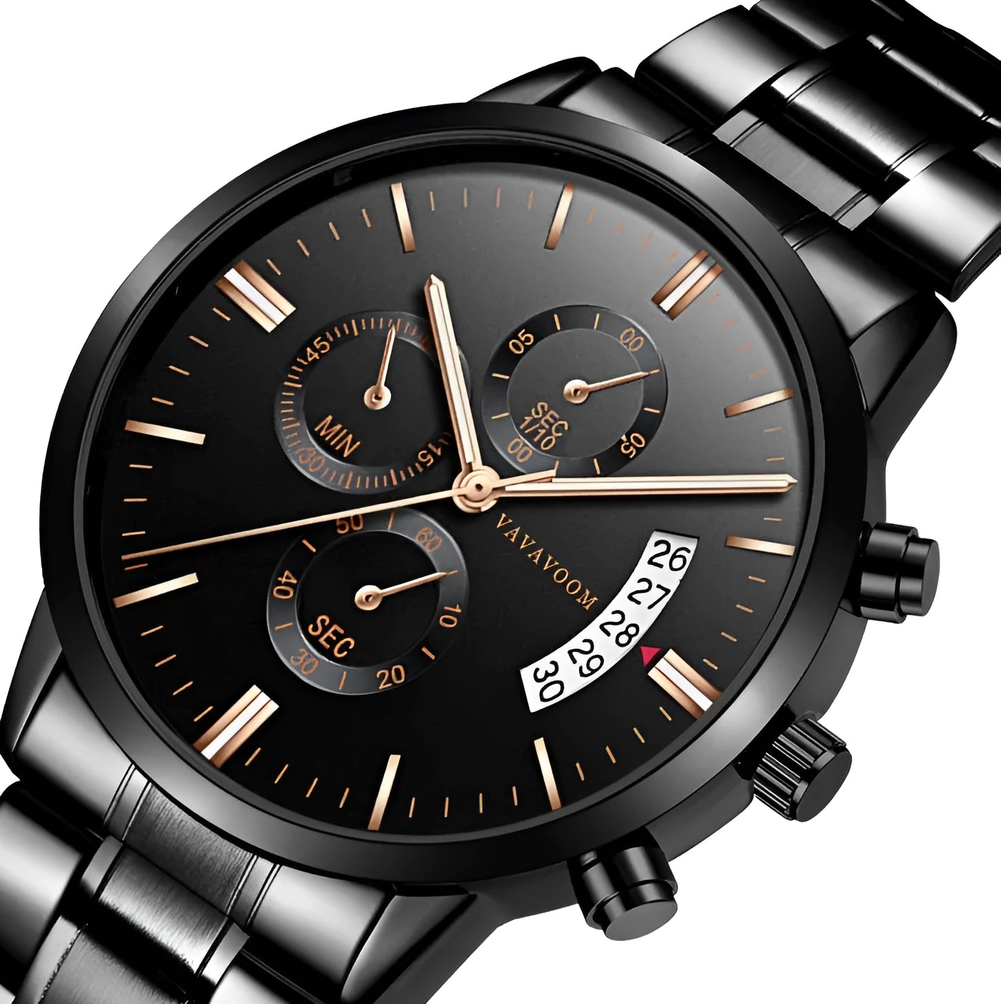 VA VA VOOM men's stainless steel quartz watch with black dial and silver chain, showing calendar feature.