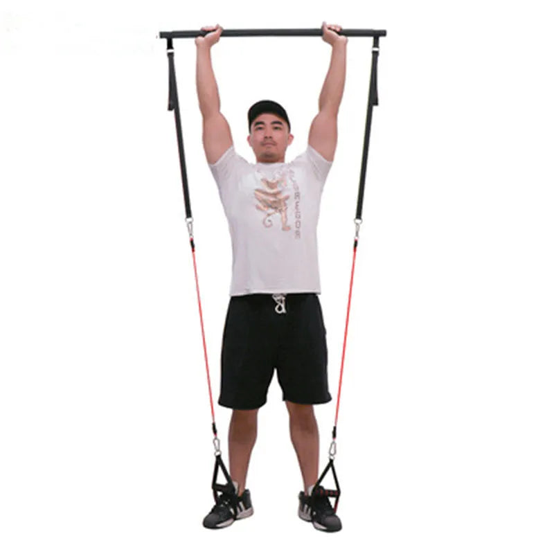 Pilates stick with 93cm folding rod, 100cm adjusting belt, black and red handles, and 30lb natural latex resistance bands