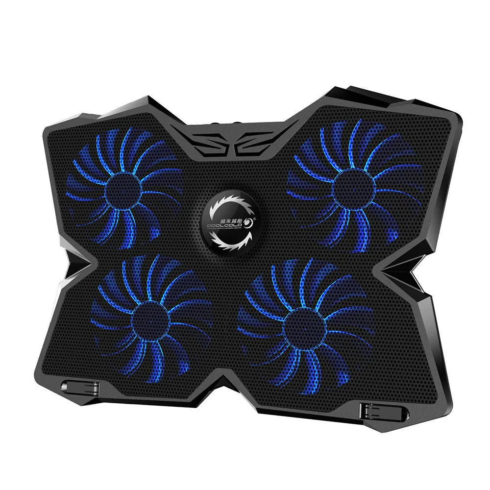 Blue computer cooling base with four LED fans and USB ports for desktop exhaust ventilation
