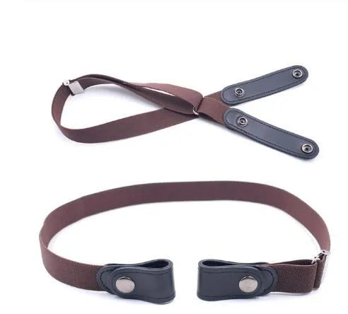 Imitation leather belt with square alloy buckle and car suture stitching on neutral background