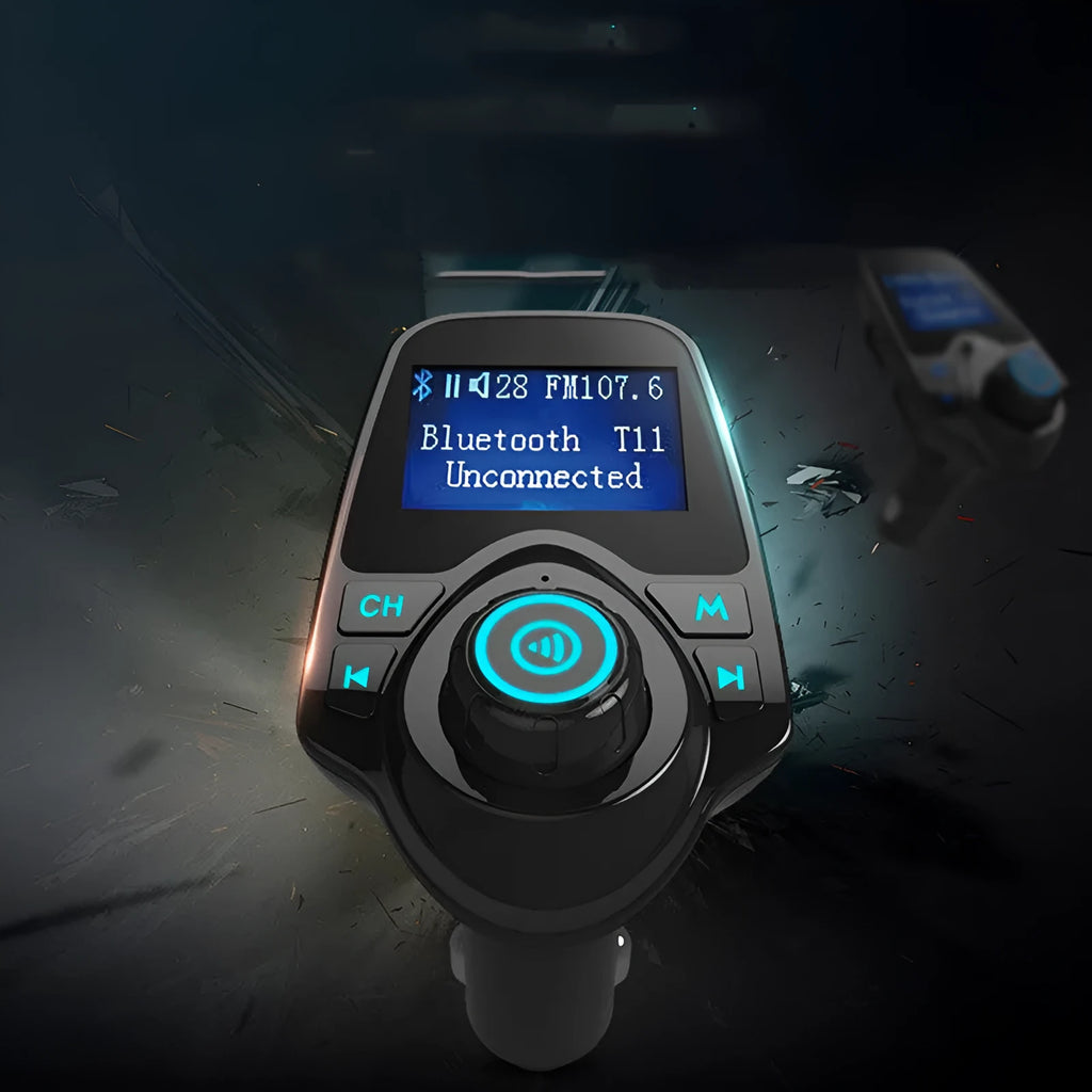 Black car Bluetooth hands-free kit with FM transmitter, USB port, and TF card slot plugged into a 12V socket.
