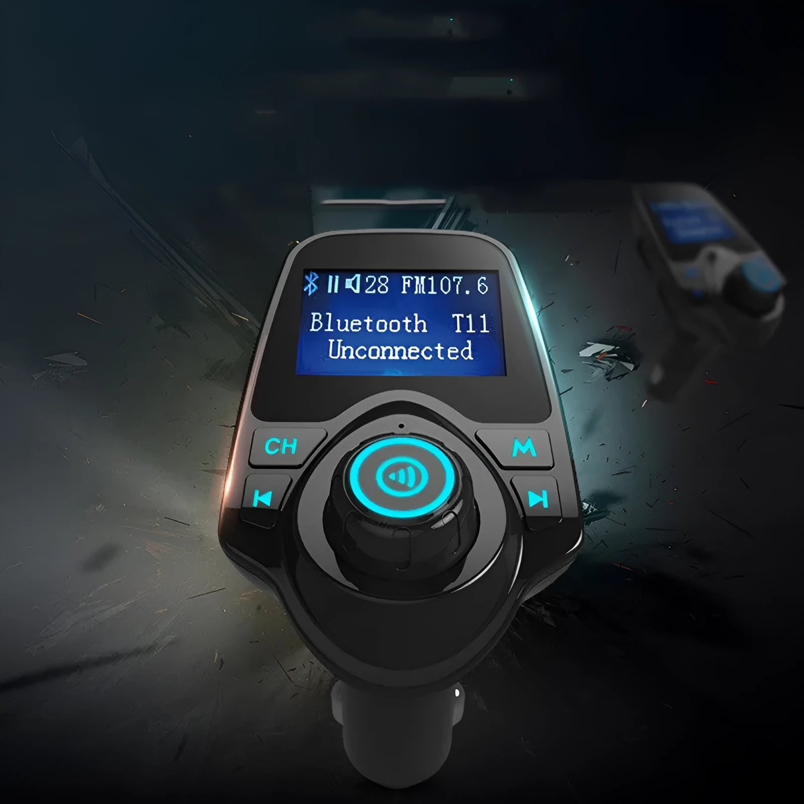 Black car Bluetooth hands-free kit with FM transmitter, USB port, and TF card slot plugged into a 12V socket.