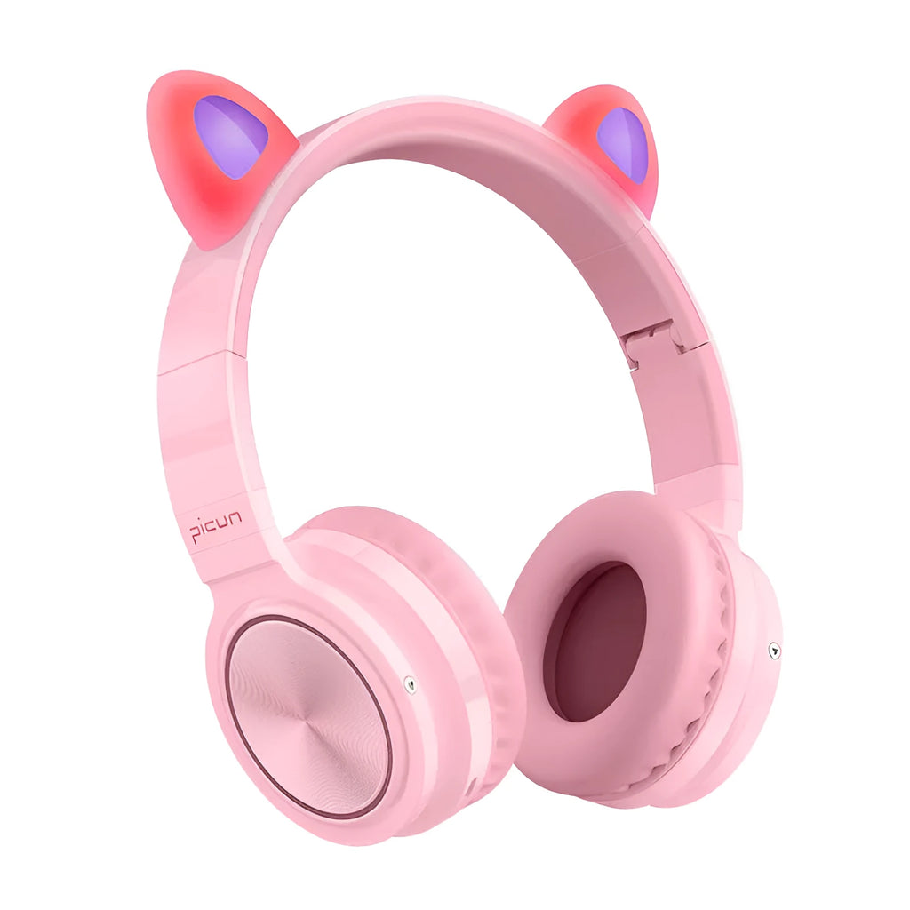Pink and white luminous Bluetooth wireless headset with head-mounted design and 40mm speakers