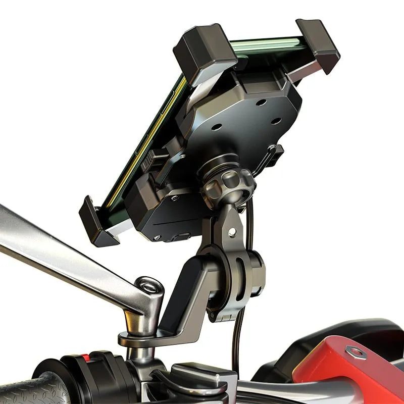 Black plastic motorcycle phone bracket with wireless charging stand mounted on handlebar, 135x70mm