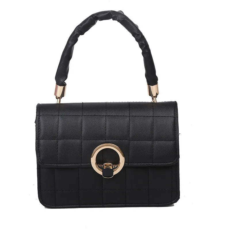 Small square PU messenger bag with embroidery thread detail, solid colour, crossbody style