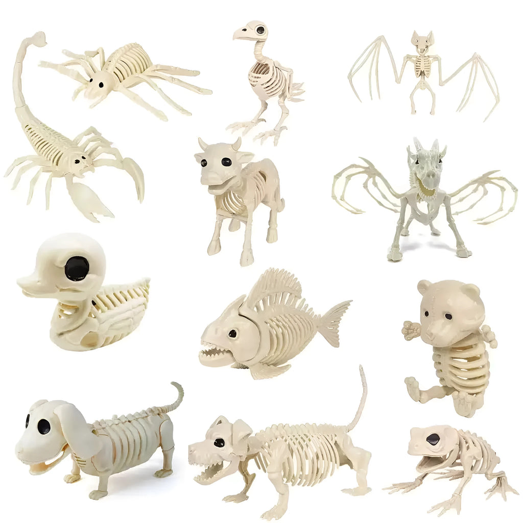 Set of plastic Halloween animal decorations including bat, bear, cat, snake, spider, and fish skeleton hanger
