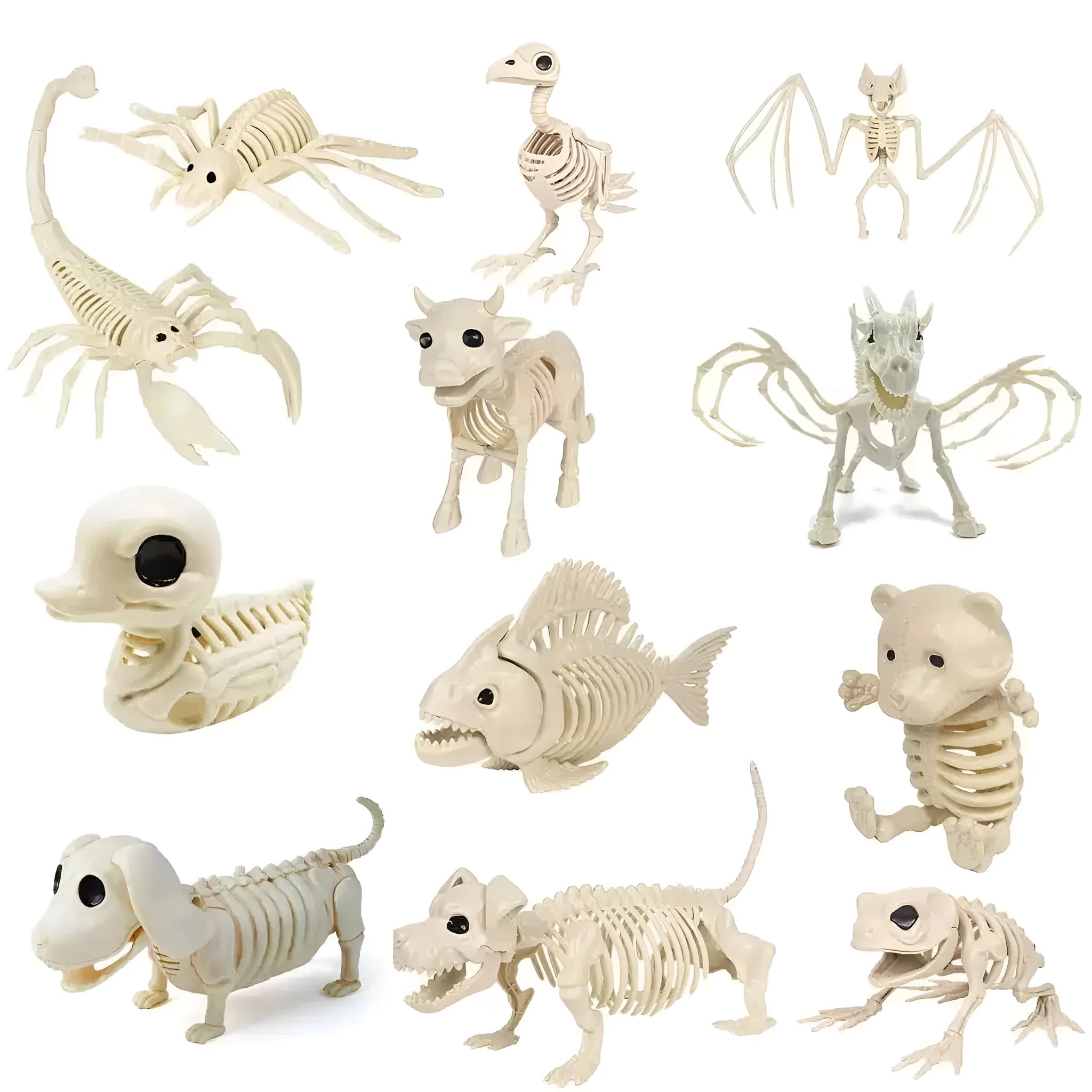 Set of plastic Halloween animal decorations including bat, bear, cat, snake, spider, and fish skeleton hanger