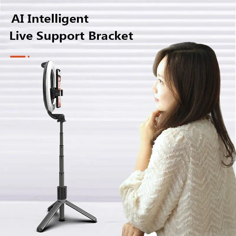 Black selfie stick tripod with 5 inch ring fill light, aluminium alloy pole, and Bluetooth remote for phones 4.0-6.2 inches