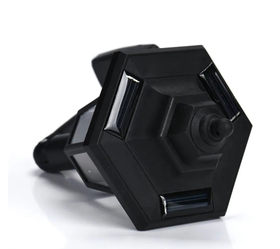 Black hexagonal solar-powered wall lamp with light sensor for outdoor use