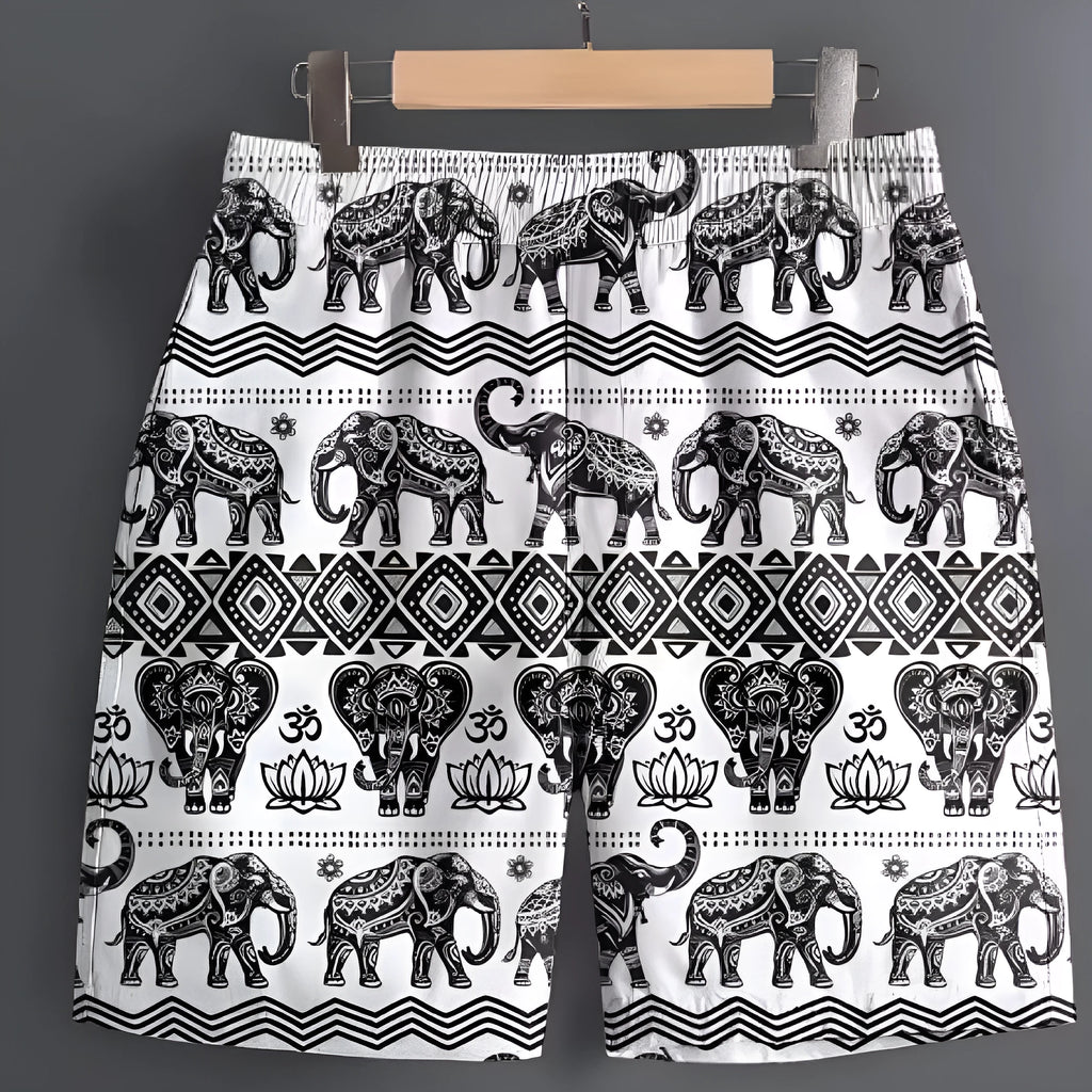 Men's patterned casual shorts in polyester fabric, showing examples of stripe, plaid, and camouflage designs.