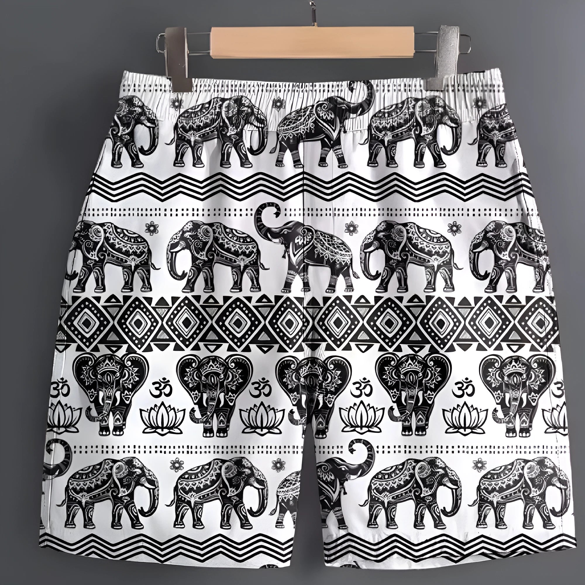 Men's patterned casual shorts in polyester fabric, showing examples of stripe, plaid, and camouflage designs.
