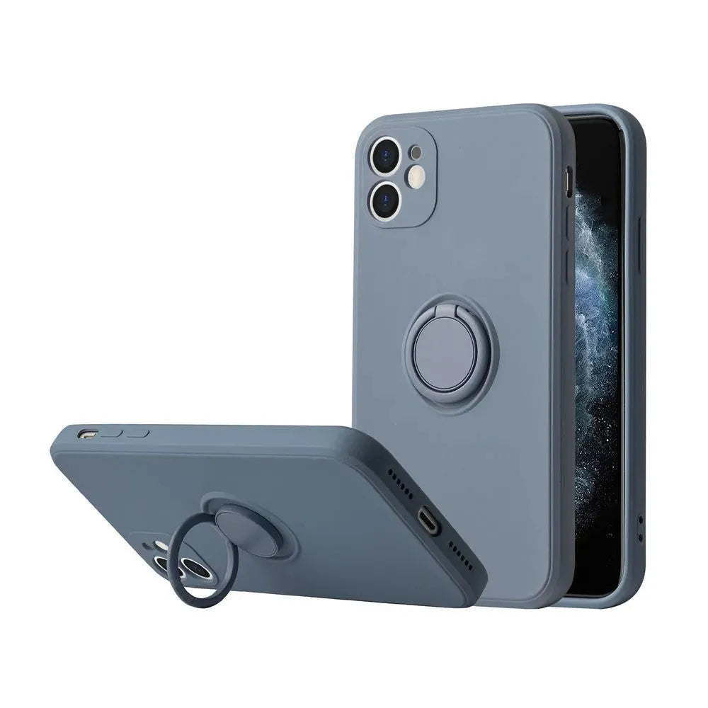 Black silicone iPhone case with a built-in metallic ring bracket on the back, shown fitted to an iPhone 12.