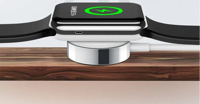 White Apple Watch wireless charger with 1m USB cable, ABS and stainless steel, 2W output, compatible with iPhone models