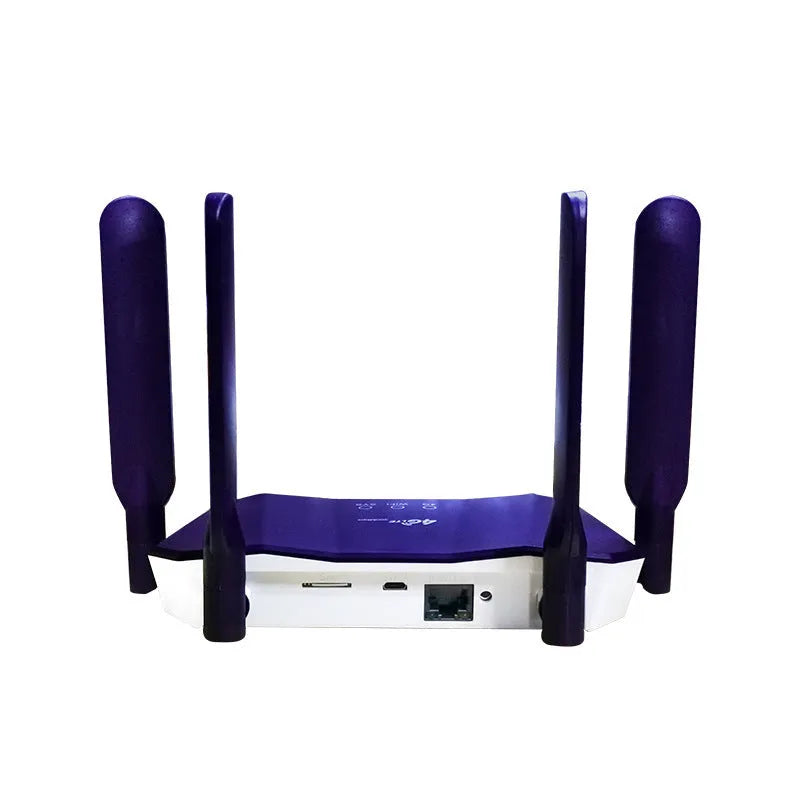Blue 4G dual-mode wireless router with four external antennas on a white background.
