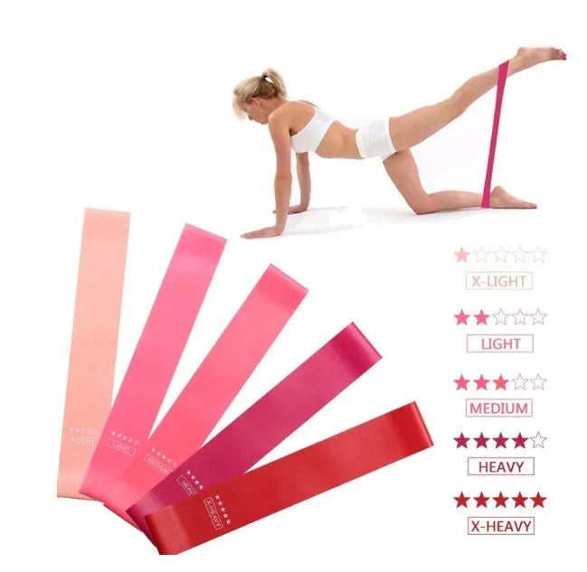 Five-piece pink gradient latex yoga tension band set, each band 600 x 50 mm, pull values 3-5lb to 35-40lb