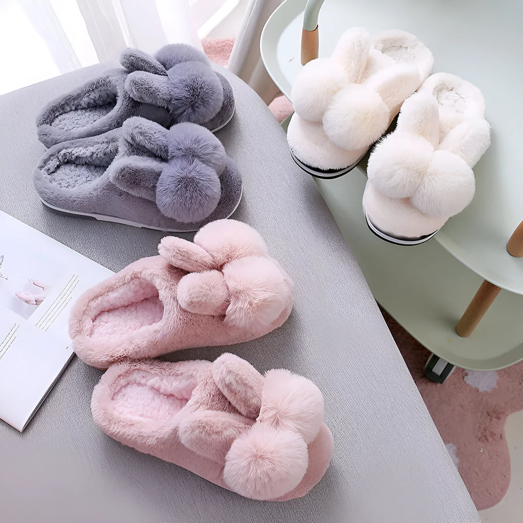 Women's high-top bunny fluffy slippers in pink with rabbit fur and flower details.