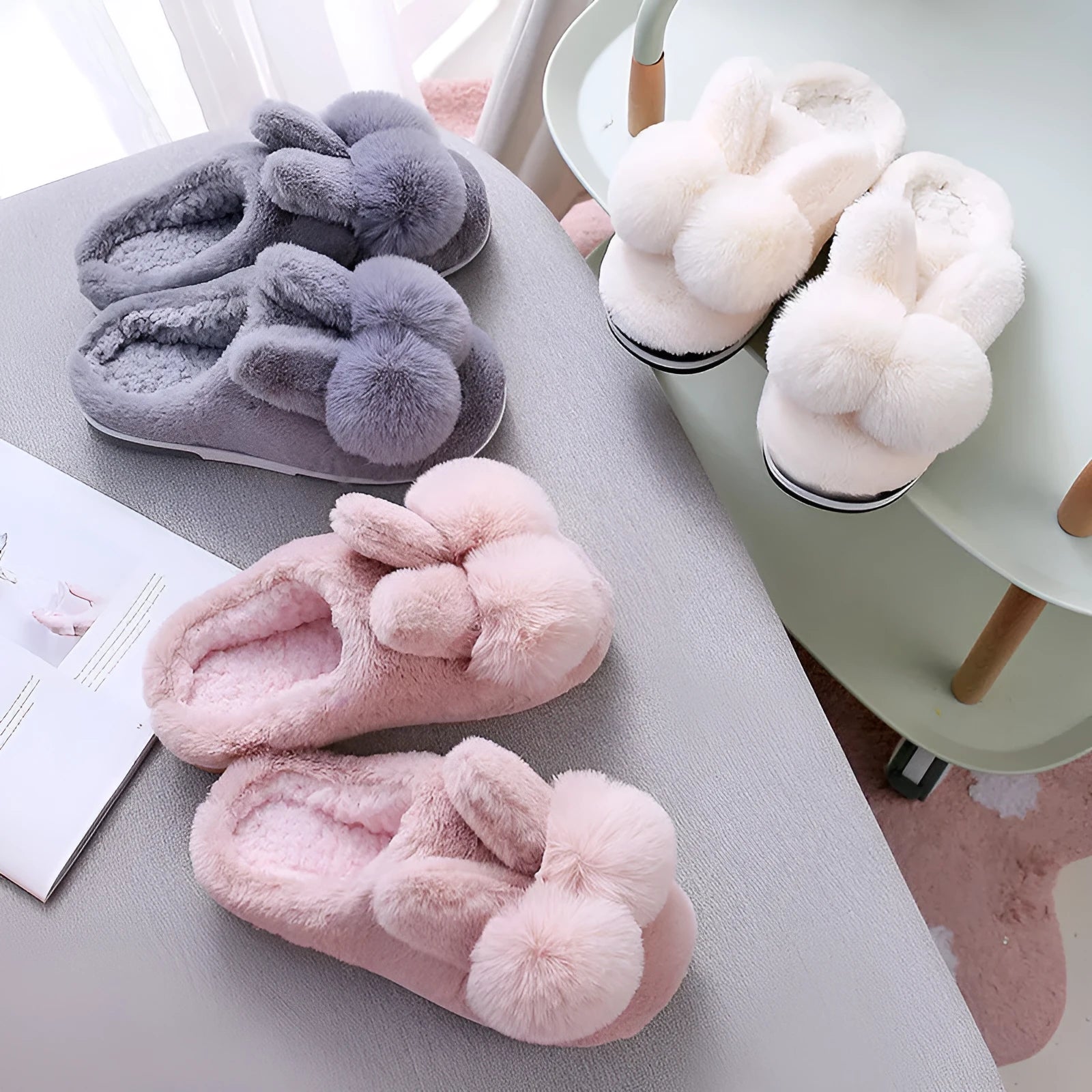 Women's high-top bunny fluffy slippers in pink with rabbit fur and flower details.