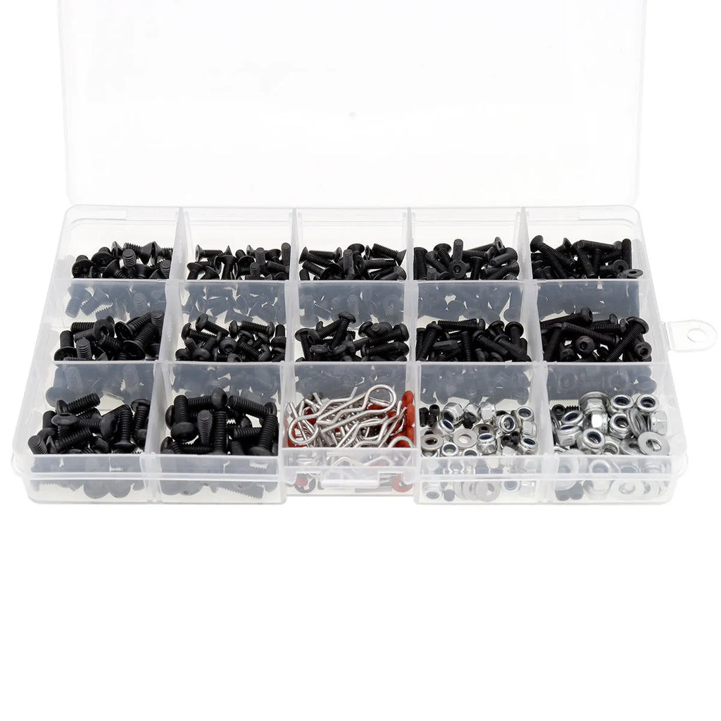 Metal and plastic screw box set with 500 pieces and three small wrenches for 1/10 and 1/8 RC cars