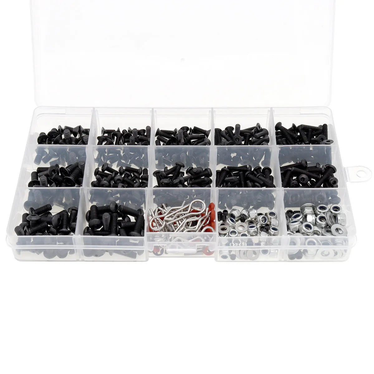 Metal and plastic screw box set with 500 pieces and three small wrenches for 1/10 and 1/8 RC cars