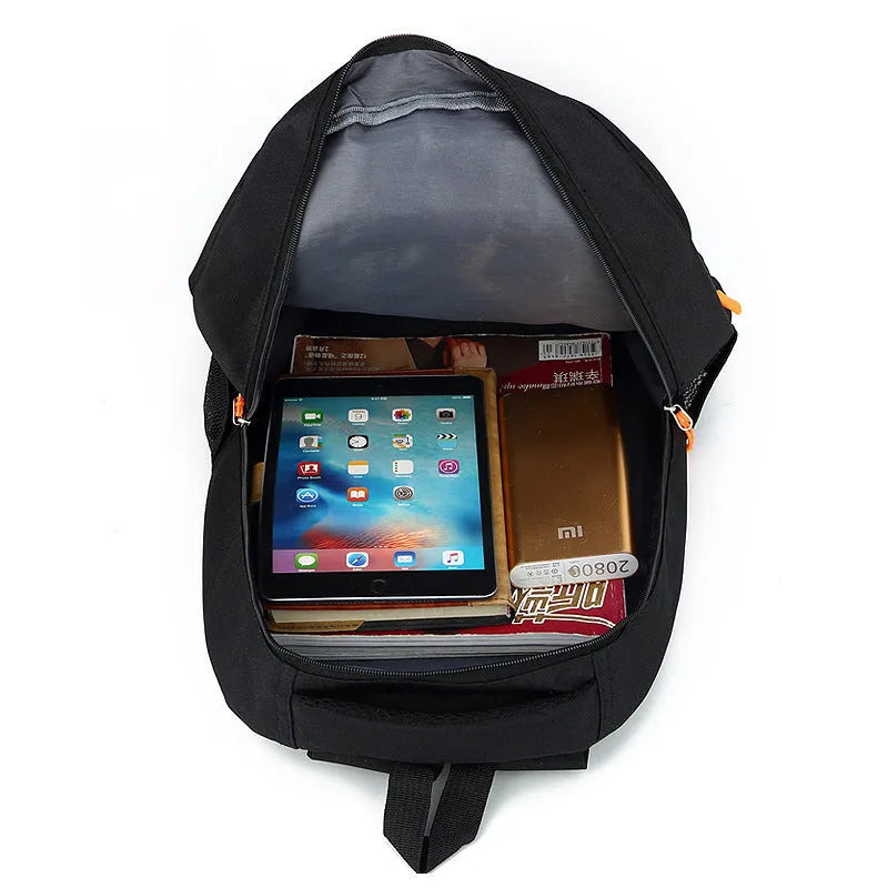 Fashion sports backpack in solid colour with letters, PVC body, polyester lining, 36-55L capacity, curved shoulder strap.