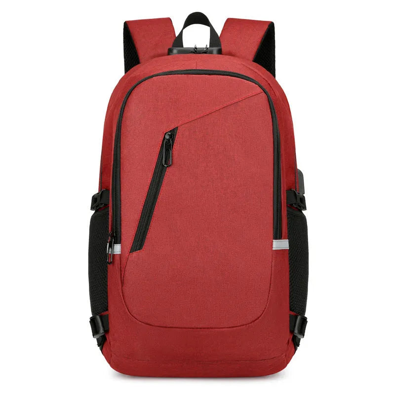 Grey Oxford cloth computer backpack with front pocket and adjustable straps, shown with laptop compartment open.