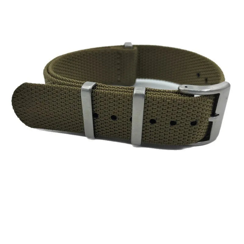 Nylon integrated watch strap shown in army green, with 20mm and 22mm width options displayed.