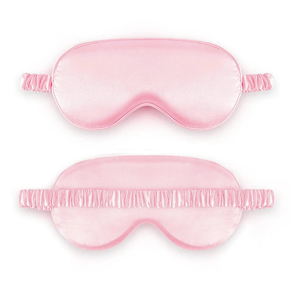Double-sided rayon elastic satin sleep mask shown in multiple colour options including black, sky blue, and wine red.