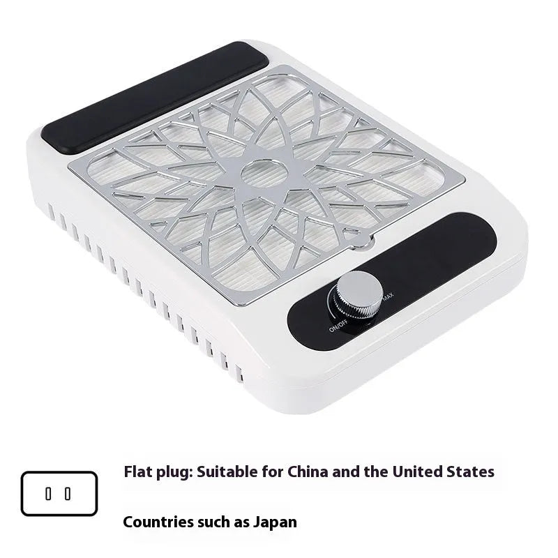 White nail dust collector with adjustable speed controls and replaceable filter net for salon use