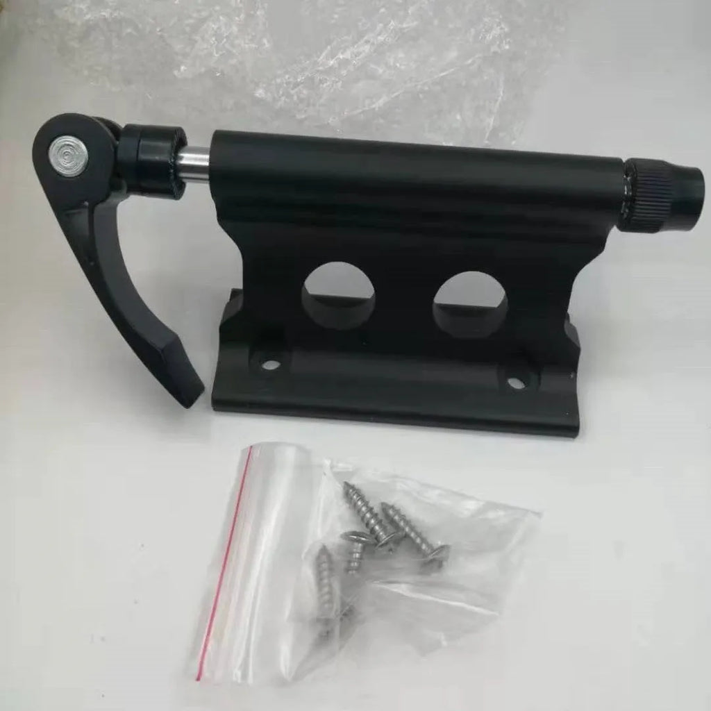 Silver metal quick release fixing clip for bicycle front fork on a white background.