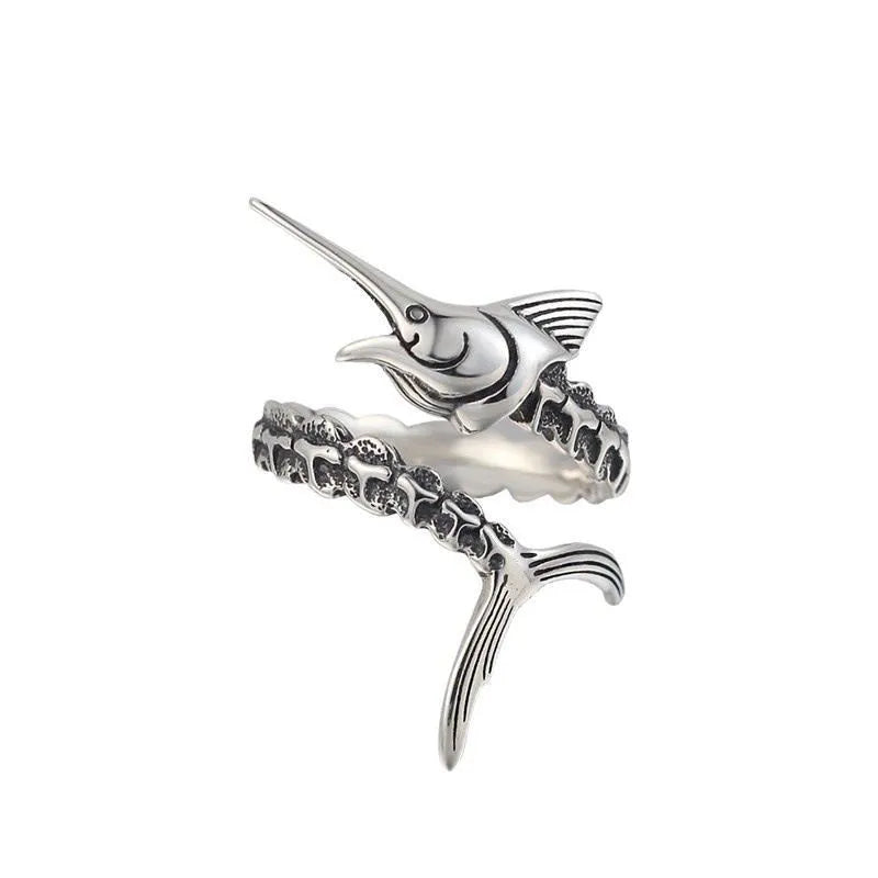 Retro silver fish ring with open mouth, zinc alloy, flying fish carp design