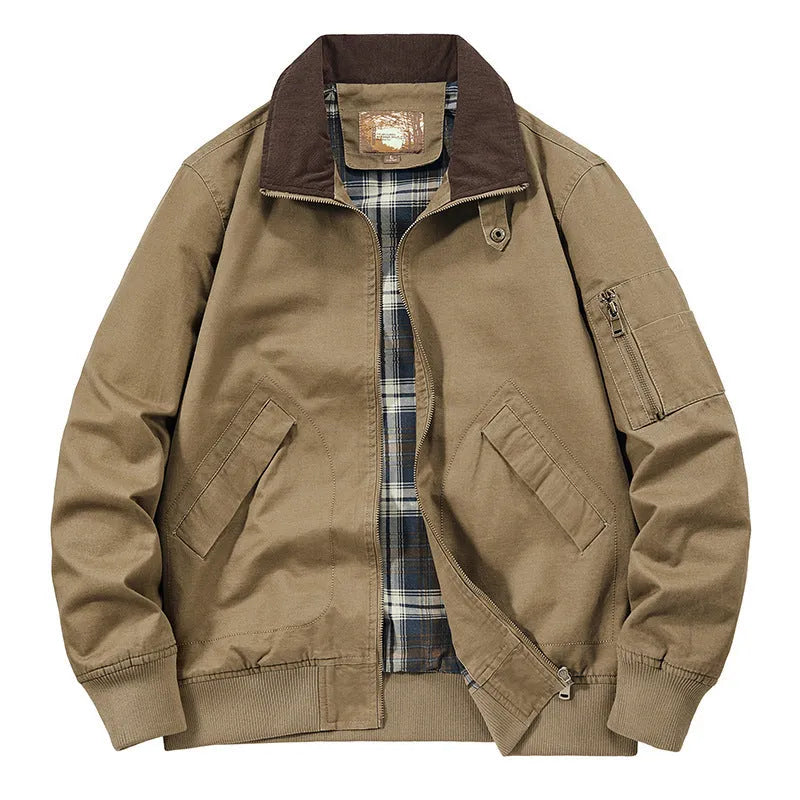 Men's plus size washed cotton baseball style flight jacket in army green