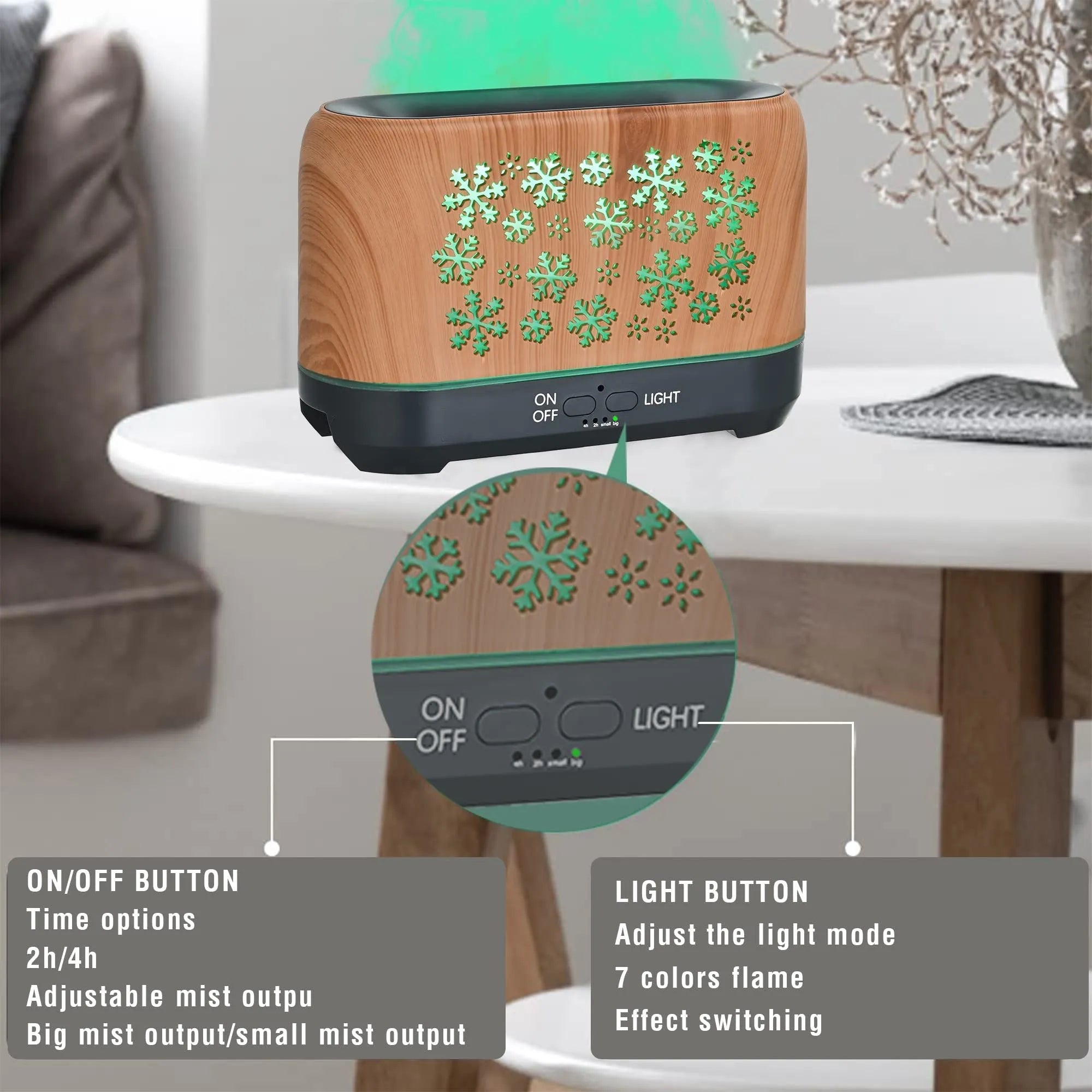 Square snowflake wood grain aromatherapy humidifier with colourful LED flame effect and remote control