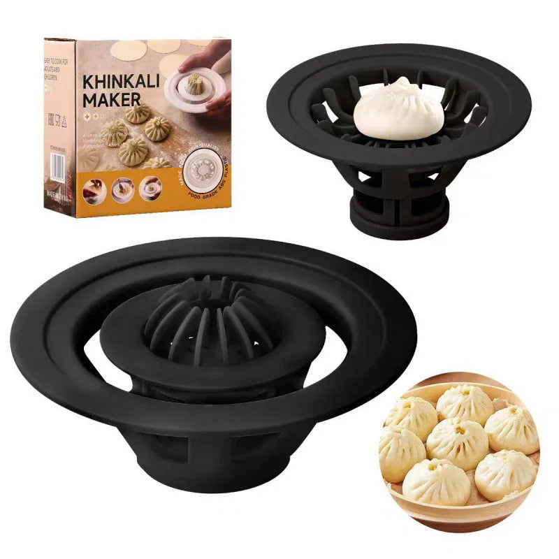 Black plastic Jinkali steamed bun and dumpling mould set of four kitchen shaping tools.