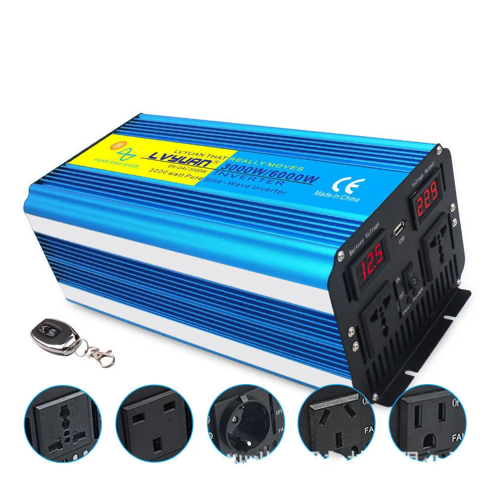 Blue 3000W car power inverter with digital displays converting 12V/24V to 220V pure sine wave