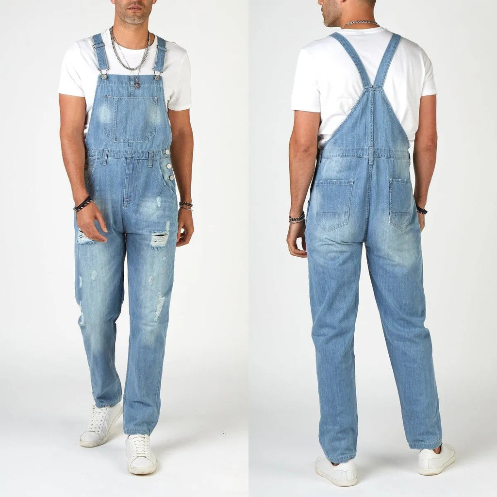 Men's light blue denim suspender pants with high waist and straight leg retro styling