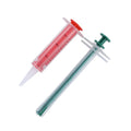 Two pet pill shooter syringes with soft tips, one larger and one smaller, for administering medication to cats and dogs.