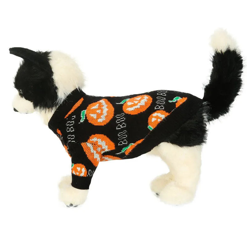 Black dog sweater with orange pumpkin pattern for Halloween pet clothing