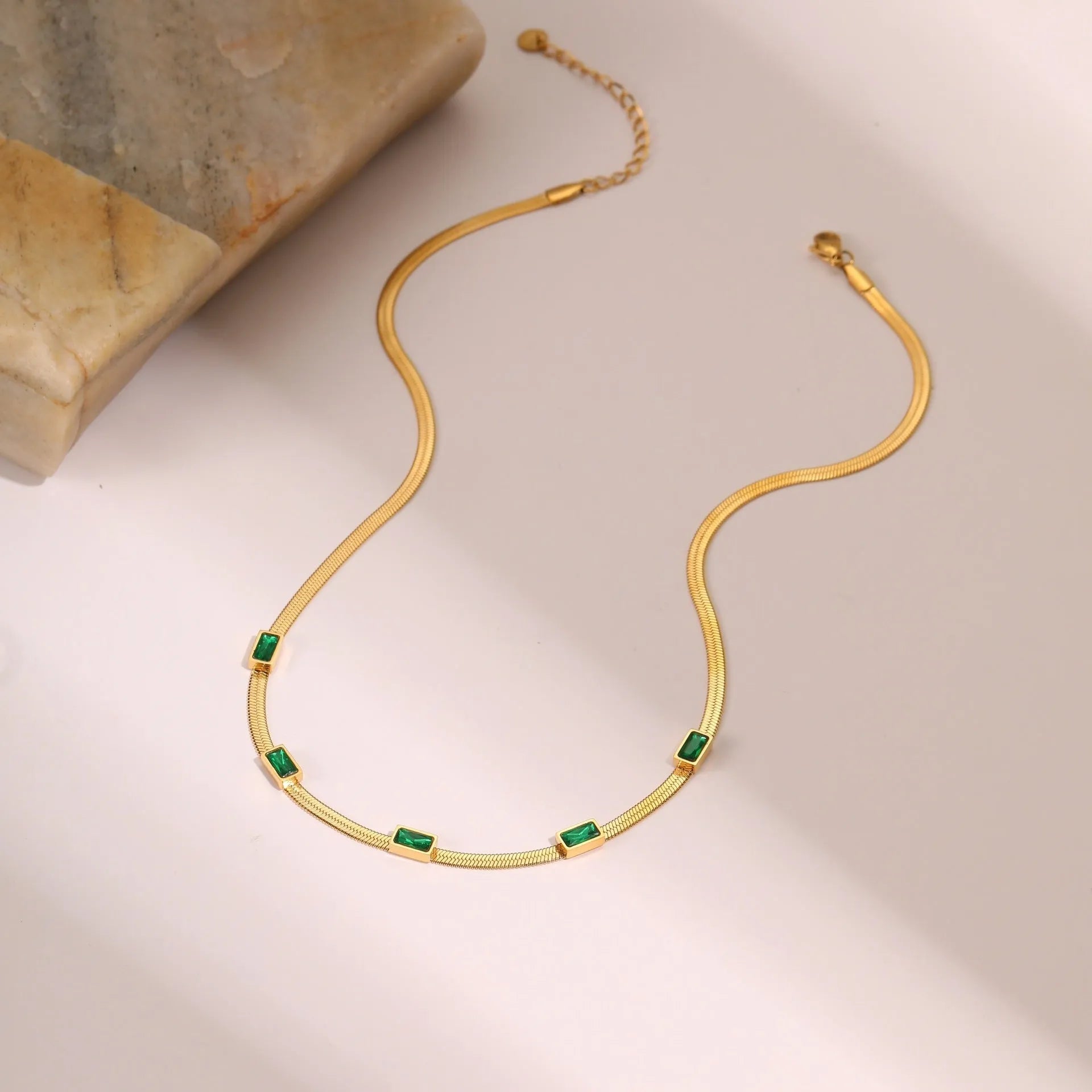 Retro geometric square zircon stainless steel necklace with flat snake chain in gold or steel colours