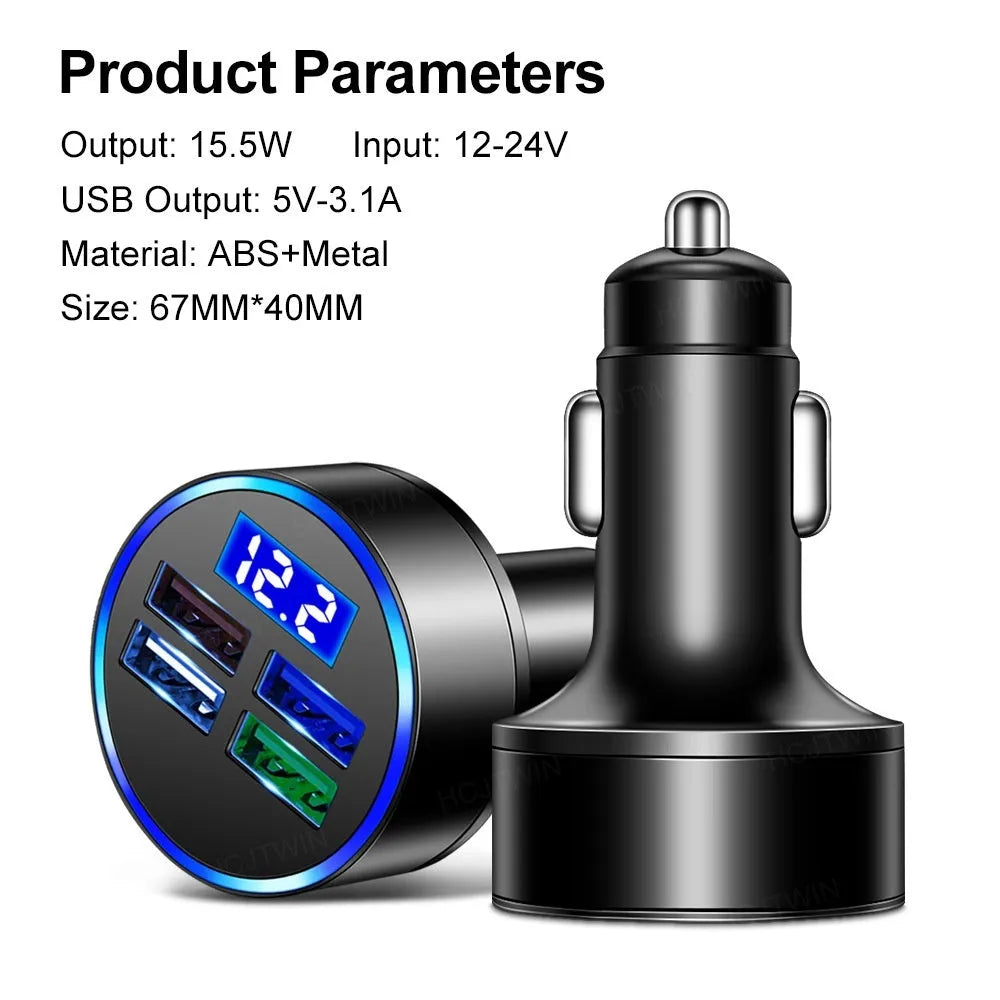 Black 4-port USB car charger with cigarette lighter connection for vehicle charging