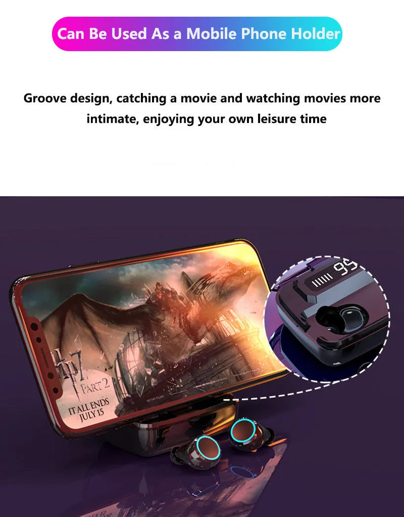 Black M11 style wireless Bluetooth headset with IPX7 waterproof rating and charging case featuring a phone holder.