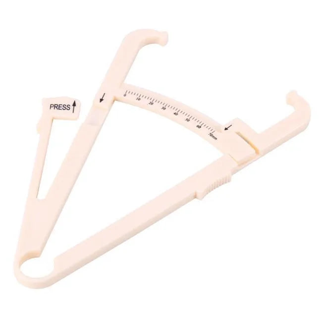 Compact acrylic body fat caliper showing measurement scale up to 200mm on a white background.