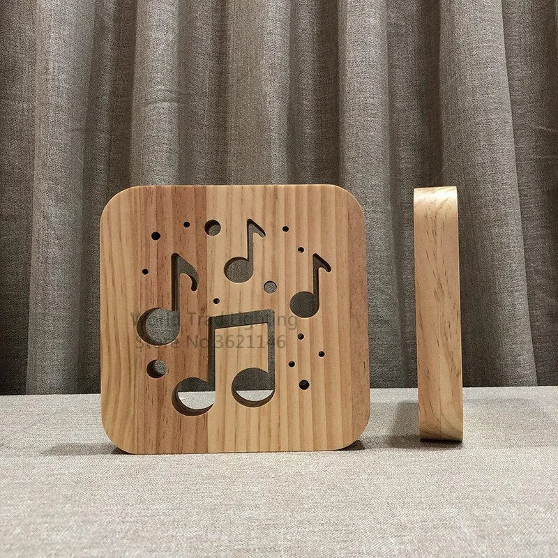 Square pine wood USB LED atmosphere lamp with warm white light on a table.