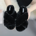 Women's cross open-toe fur slippers in black with non-slip patterned sole
