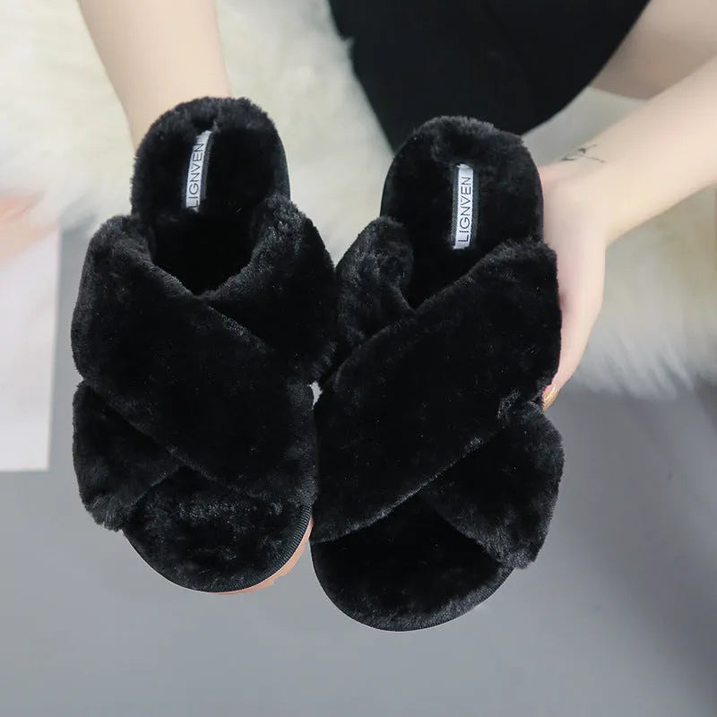 Women's cross open-toe fur slippers in black with non-slip patterned sole