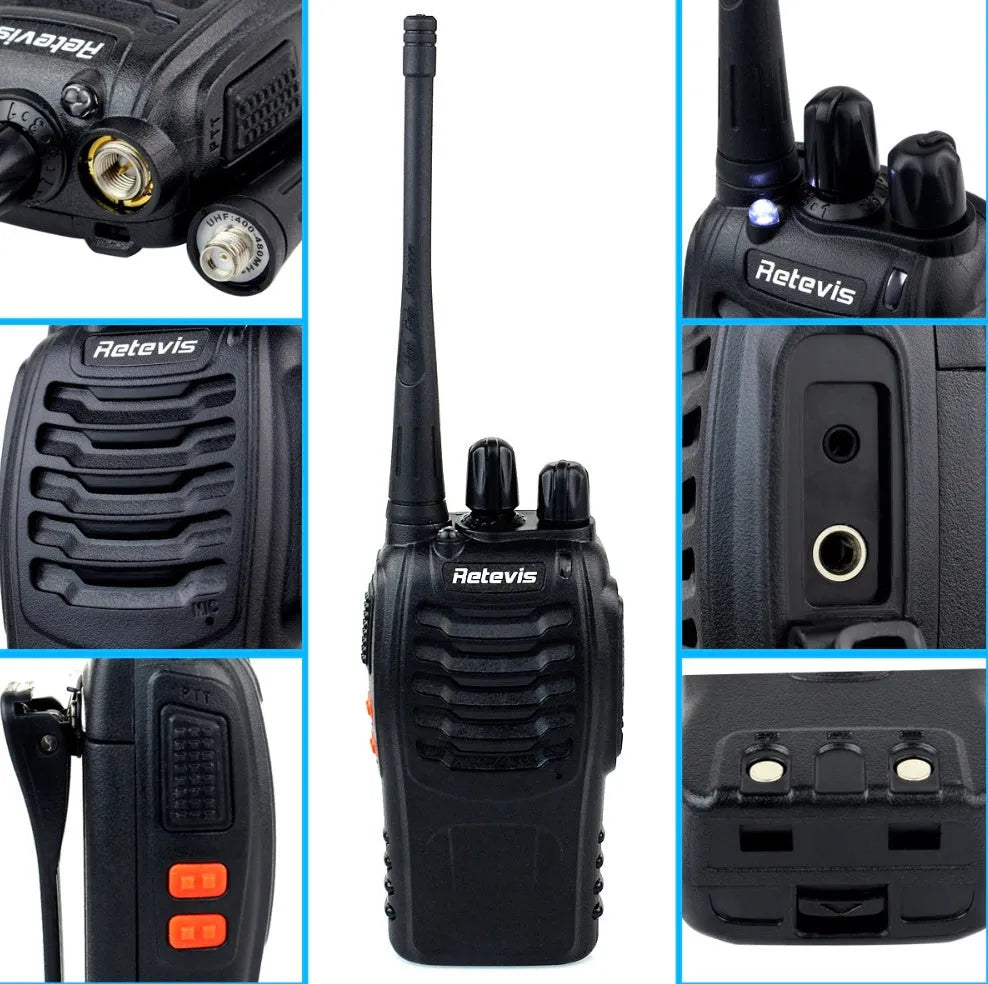 H777 black civil walkie talkie with Li-ion battery and antenna on plain background