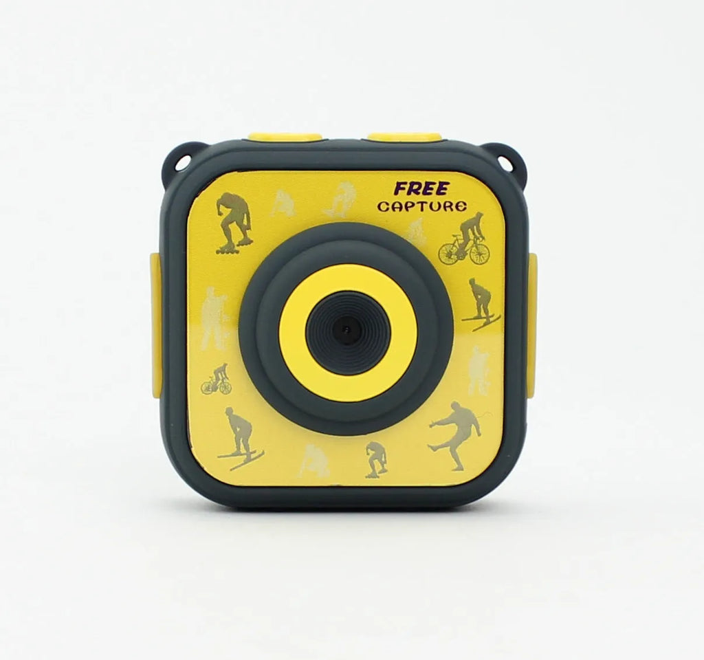 Yellow waterproof children's sports camera with 1.77-inch screen showing HD video recording capability