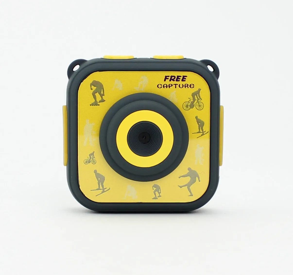 Yellow waterproof children's sports camera with 1.77-inch screen showing HD video recording capability