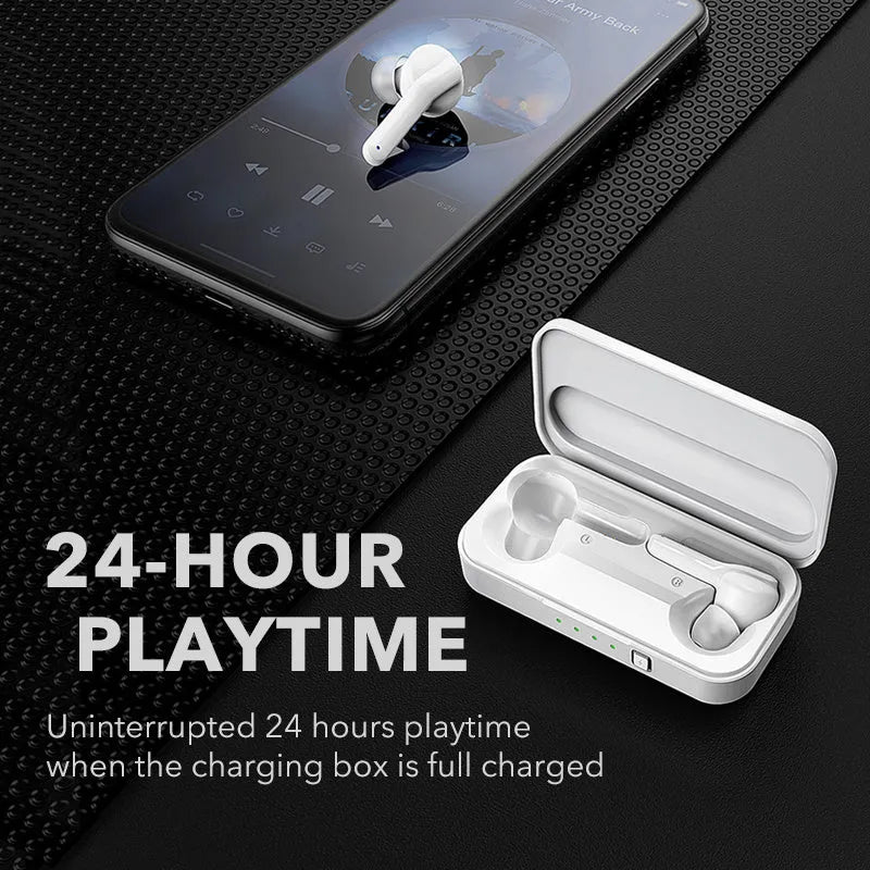 Black TWS wireless Bluetooth earbuds with IPX5 waterproof rating