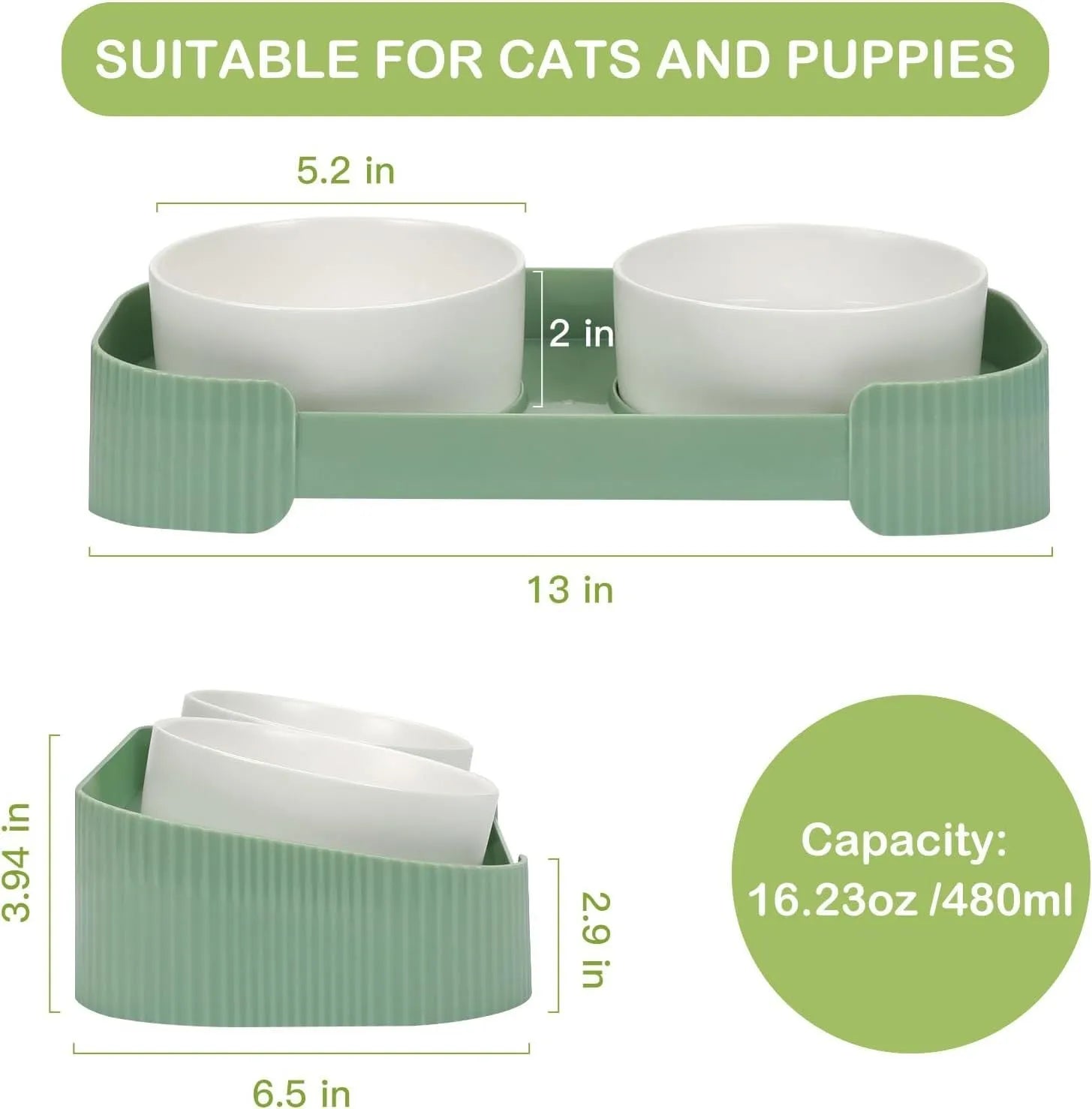 Green ceramic raised cat bowl set with tilted stand and non-slip base for food and water