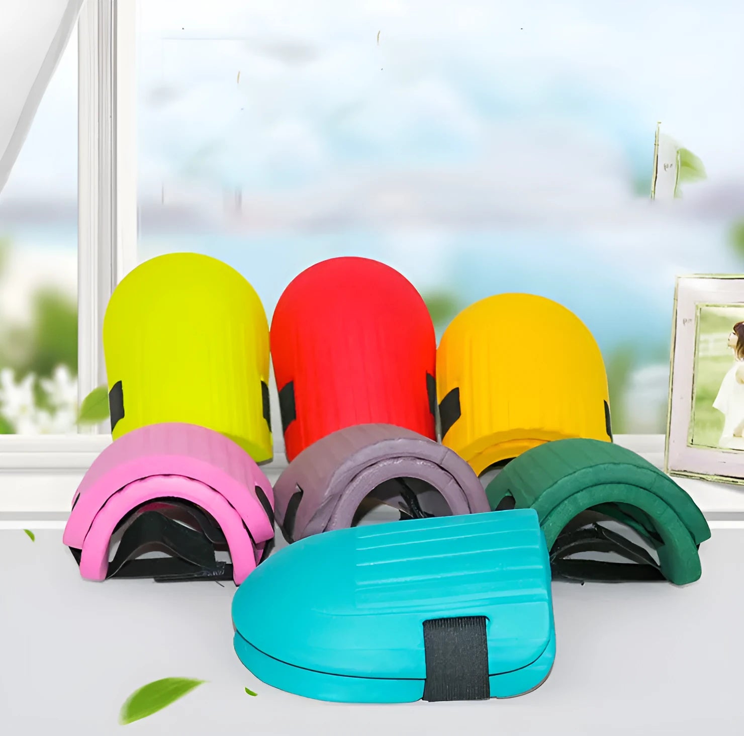 A pair of dense black EVA foam knee pads for gardening, showing size and thickness.